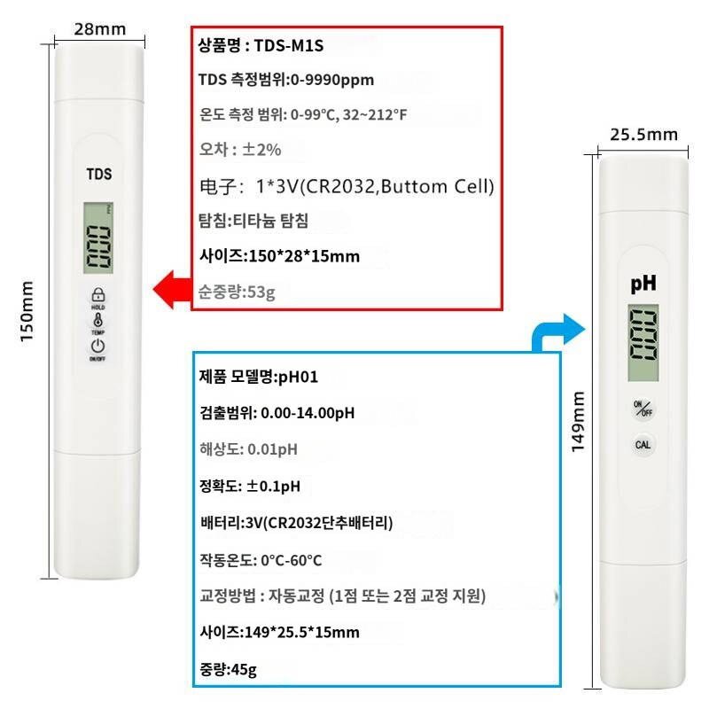 7in1 테스트펜 고정밀 다기능어항 수질측정펜 PH염도TDS온도ORP염도계, PH 테스트 펜, 1개