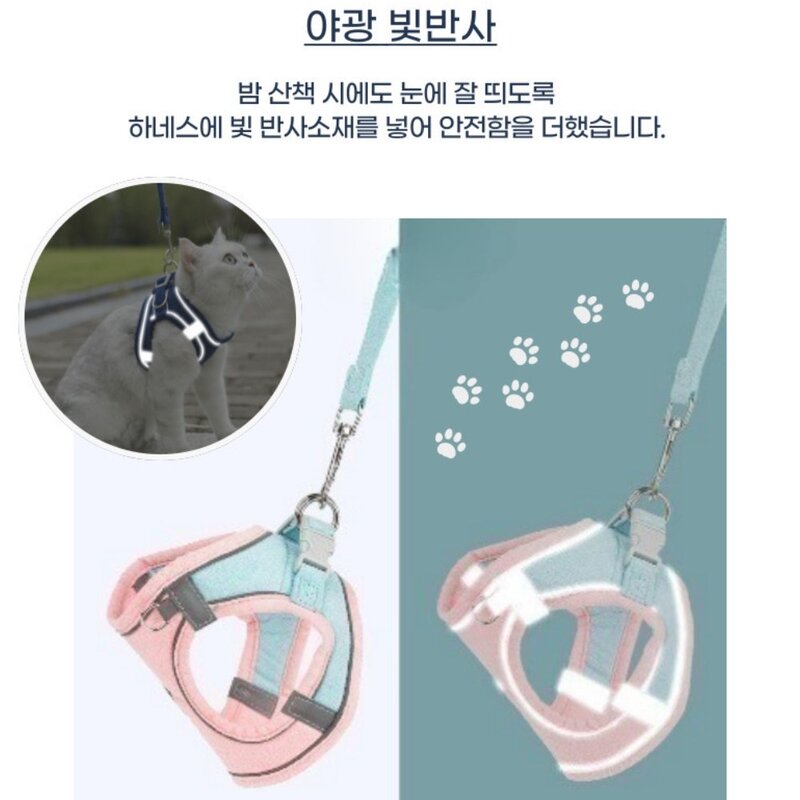 디아쿠아 강아지 고양이 겸용 야광 빛반사 벨크로 하네스+리드줄, 민트오렌지, 1개