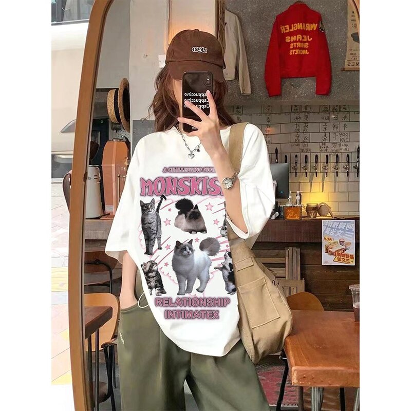 티니플럼모드 핑크별 고양이 프린팅 박시핏 반팔티셔츠