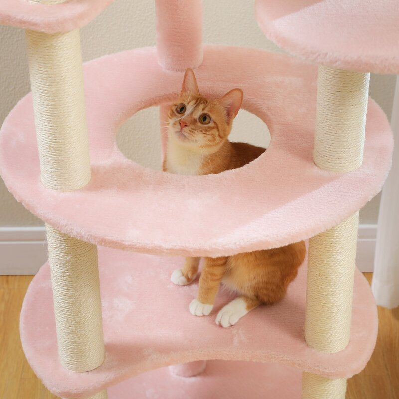 PAWZ Road 6단 모던 심플 플러시 패브릭 고양이 캣타워 스크래쳐 기둥 + 전망대 + 둥근 구멍 디자인, 화이트, 1개