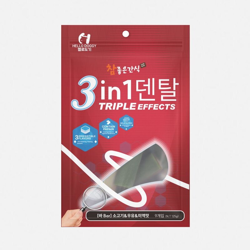헬로도기 3in1 덴탈껌 강아지 치아관리 입냄새제거 껌간식 바 9개입, 단품