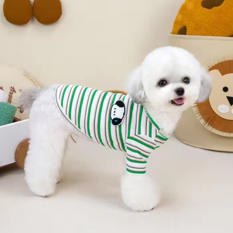 멍멍이 와펜 스트라이프 강아지 티셔츠 가을 옷, 옐로우