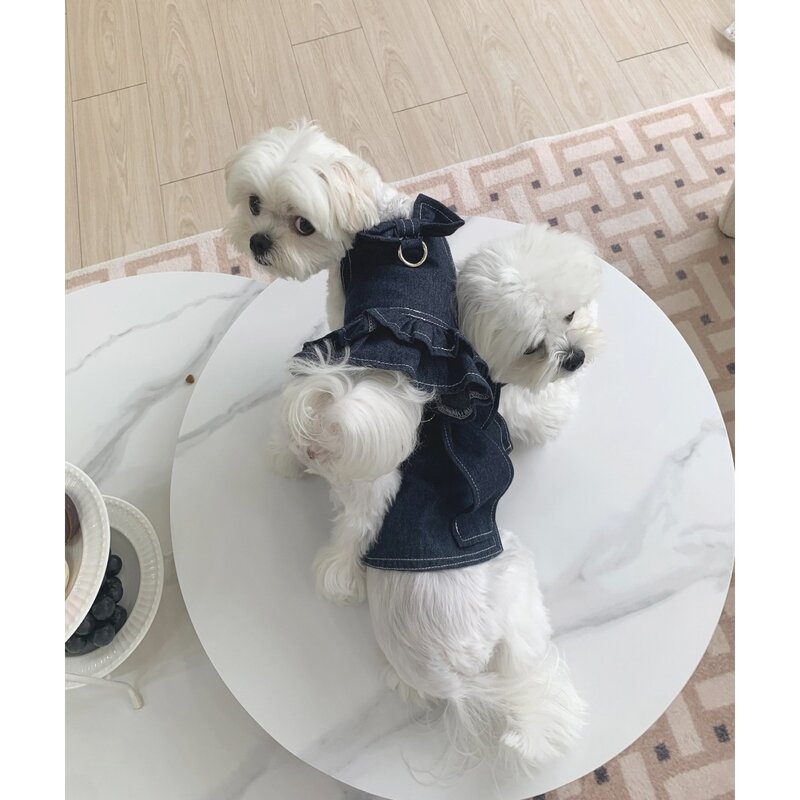 카로펫 강아지 고양이 청 하네스 옷 데님 원피스 티셔츠