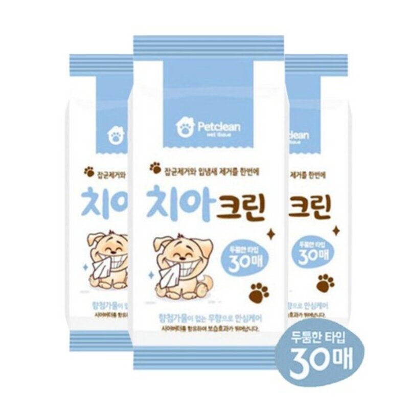 반려동물 청결 물티슈 펫크린 30매 애완용 위생용품, 치아크린티슈, 1개, 30개