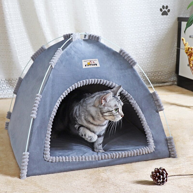 차밍펫 고양이 텐트 하우스 침대 접이식 애견텐트 쿠션 방석 포함, 그레이, 1개