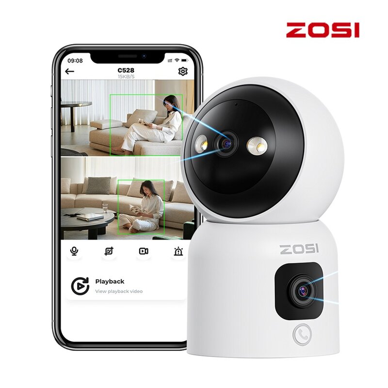 ZOSI 홈 보안 카메라 WiFi CCTV 고화질 600만 화소 듀얼 F2.0렌즈 가정용 감시카메라 실내용, C5284D 200만+200만, 1개