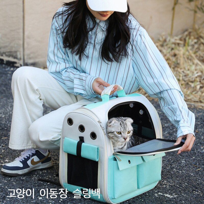 강아지이동가방 반려동물 고양이 더블 포켓 대용량 이동 백팩 3면 통풍 고양이이동장, 녹색, 고양이캐리어, 1개