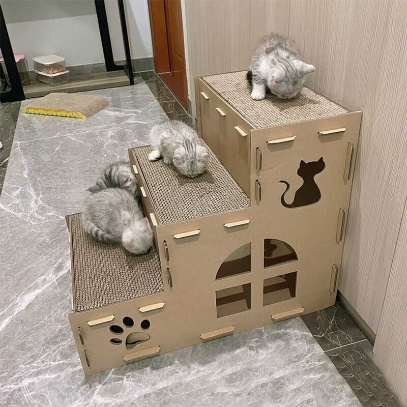 애완 동물 고양이 집 다기능 둥지 긁힘 판 골판지 패드 용품 액세서리 3 층 계단, as picture, 1개