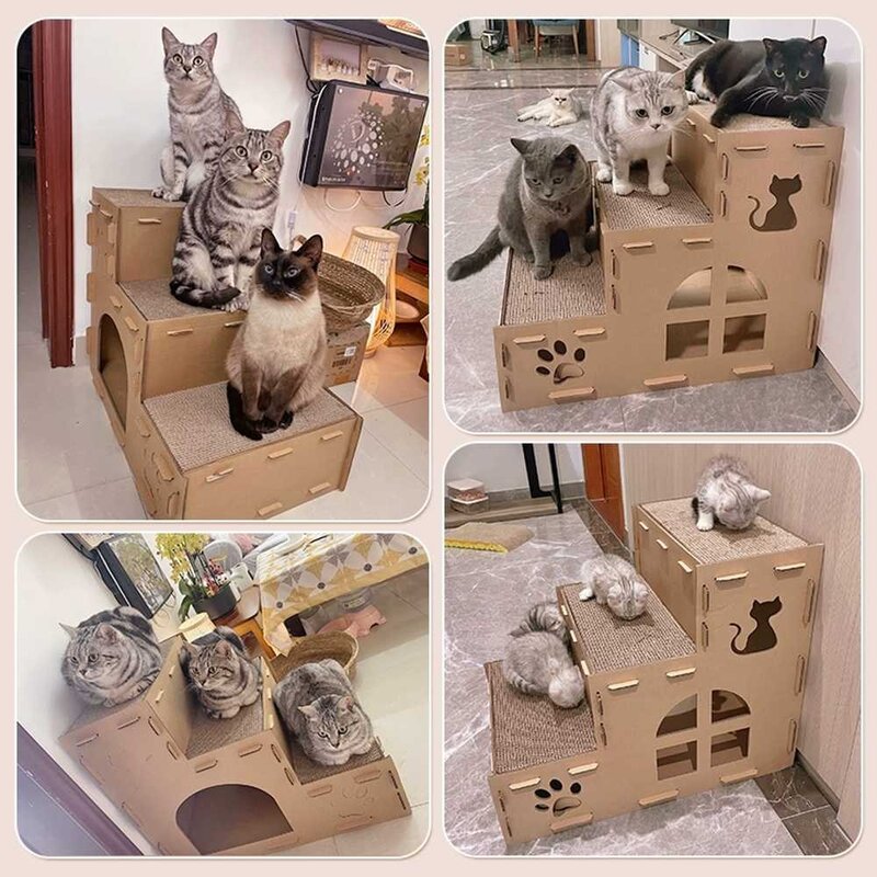 애완 동물 고양이 집 다기능 둥지 긁힘 판 골판지 패드 용품 액세서리 3 층 계단, as picture, 1개