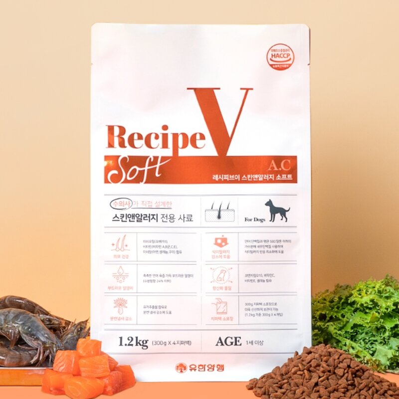 레시피브이 유한양행 강아지 어덜트 스킨앤알러지 소프트 처방식 사료, 알러지 예방, 1.2kg, 1개