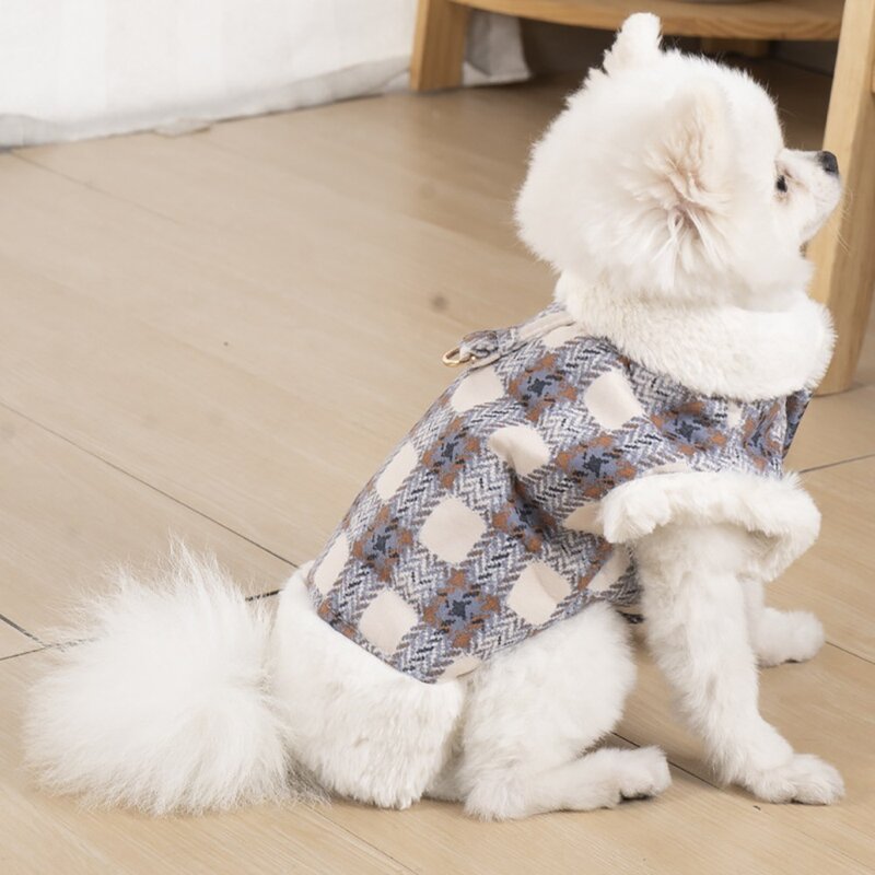 아서아리 강아지 겨울 털 체크 조끼 티셔츠 올인원, 블루