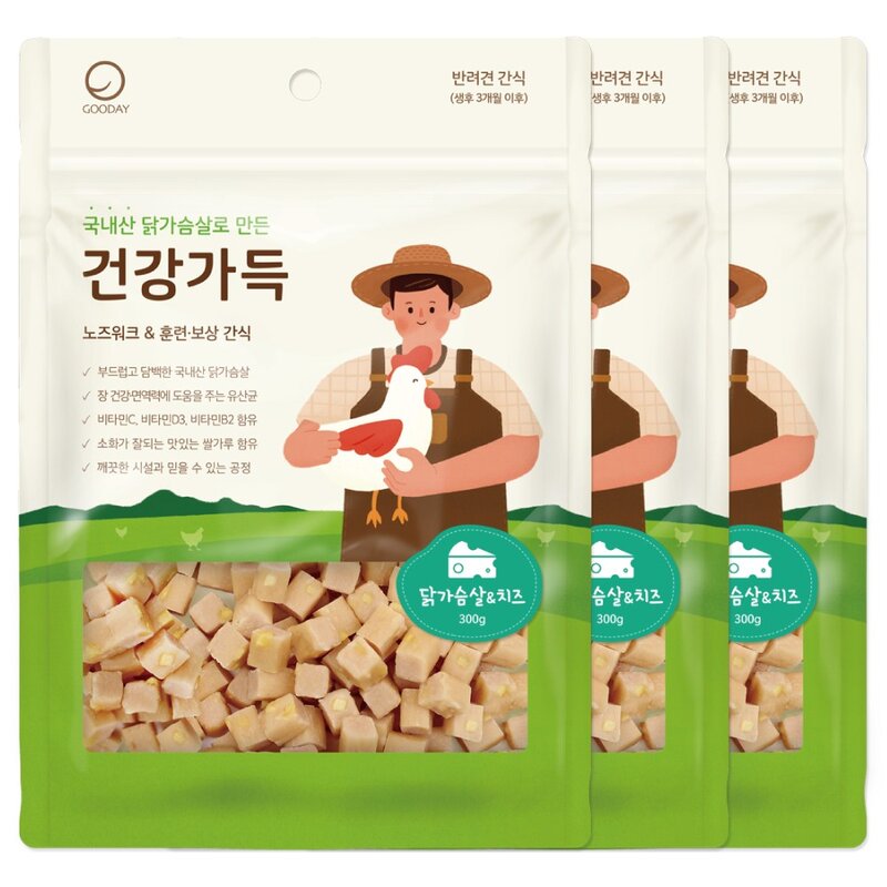 굿데이 건강가득 큐브 강아지 간식, 닭가슴살 + 황태 혼합맛, 300g, 3개