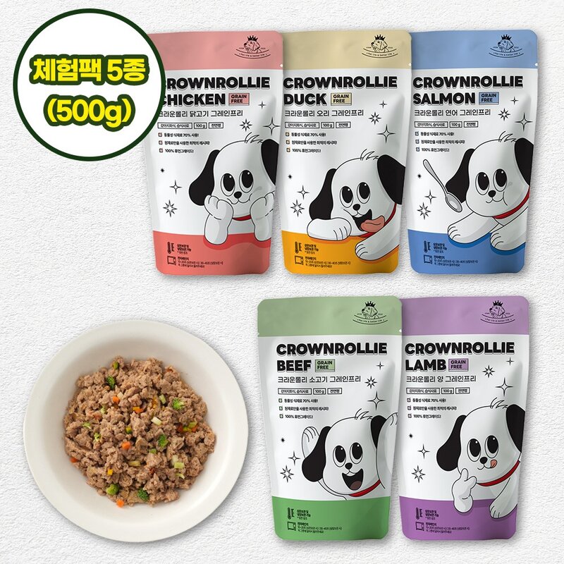크라운롤리 강아지화식 습식사료 5종 체험팩 5팩100gx5개 닭 오리 연어 소 양 닭 5개 500g 1개