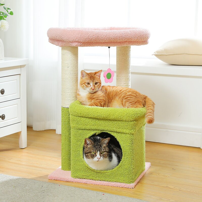 PAWZ Road 3단 소형 캣타워 고양이 하우스 낮은 플랫폼 숨숨집 기둥형 스크래쳐 패브릭 68cm 핑크 1개