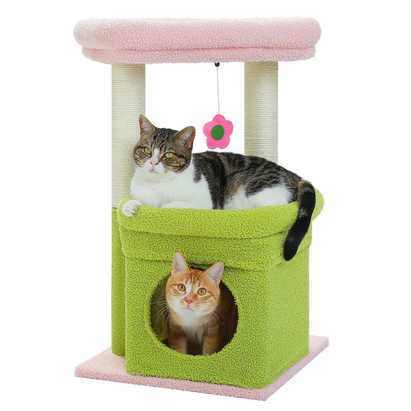 PAWZ Road 3단 소형 캣타워 고양이 하우스 낮은 플랫폼 숨숨집 기둥형 스크래쳐 패브릭 68cm 핑크 1개